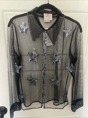 Sheer Black Net Top with Sequin Stars & Bead Trim Celestial Magic Wizard Fairy S